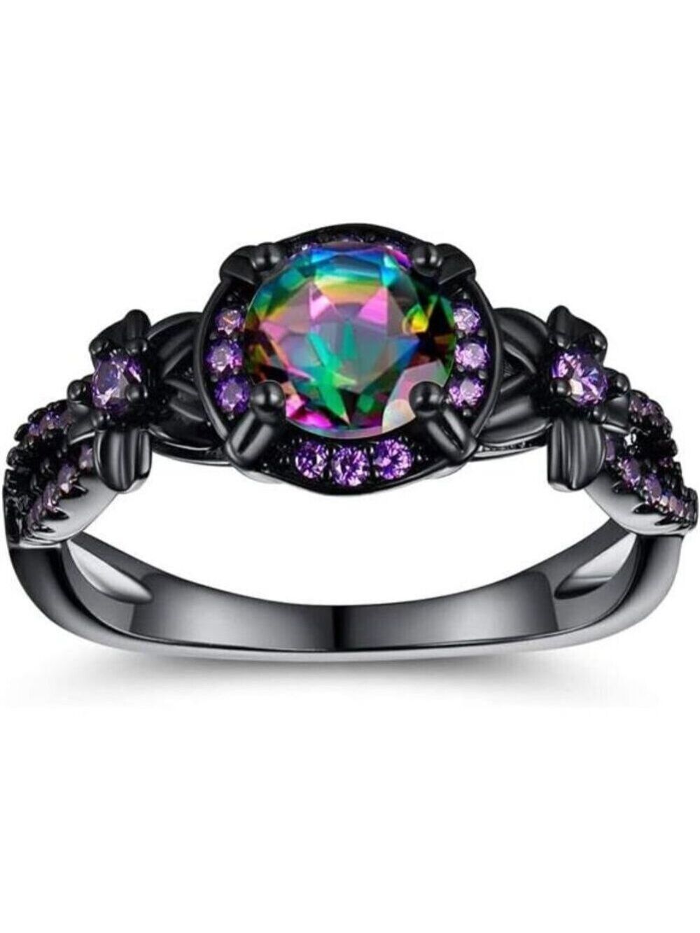 Women Eternity Ring 18K Black Gold Plated Mystic Topaz Halo Statement Jewelry